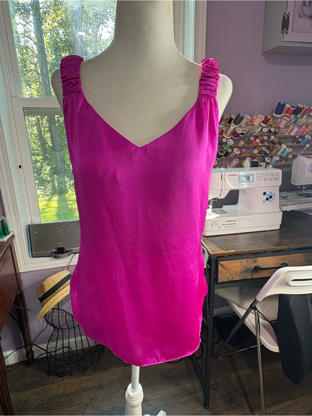 Bright Pink Sleeveless V-Neck Top with Ruched Straps